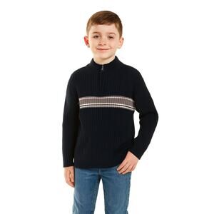 Vintage Boys' 1/2 Zipper Striped Sweater - Navy, Gray, White, Size Medium 10/12